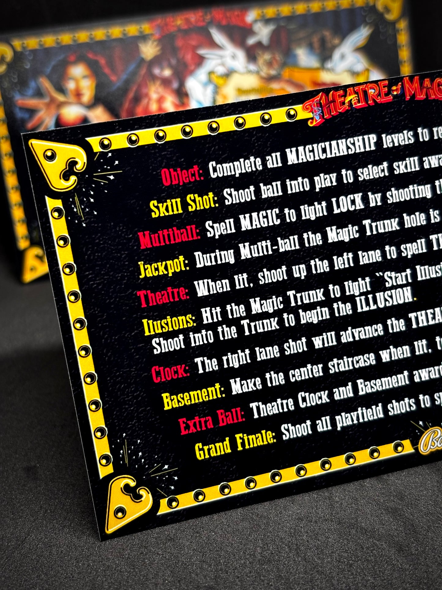 Instrucciones de las tarjetas del juego Bally Theatre of Magic de 1995, máquina de pinball, delantal personalizado, reglas impresas