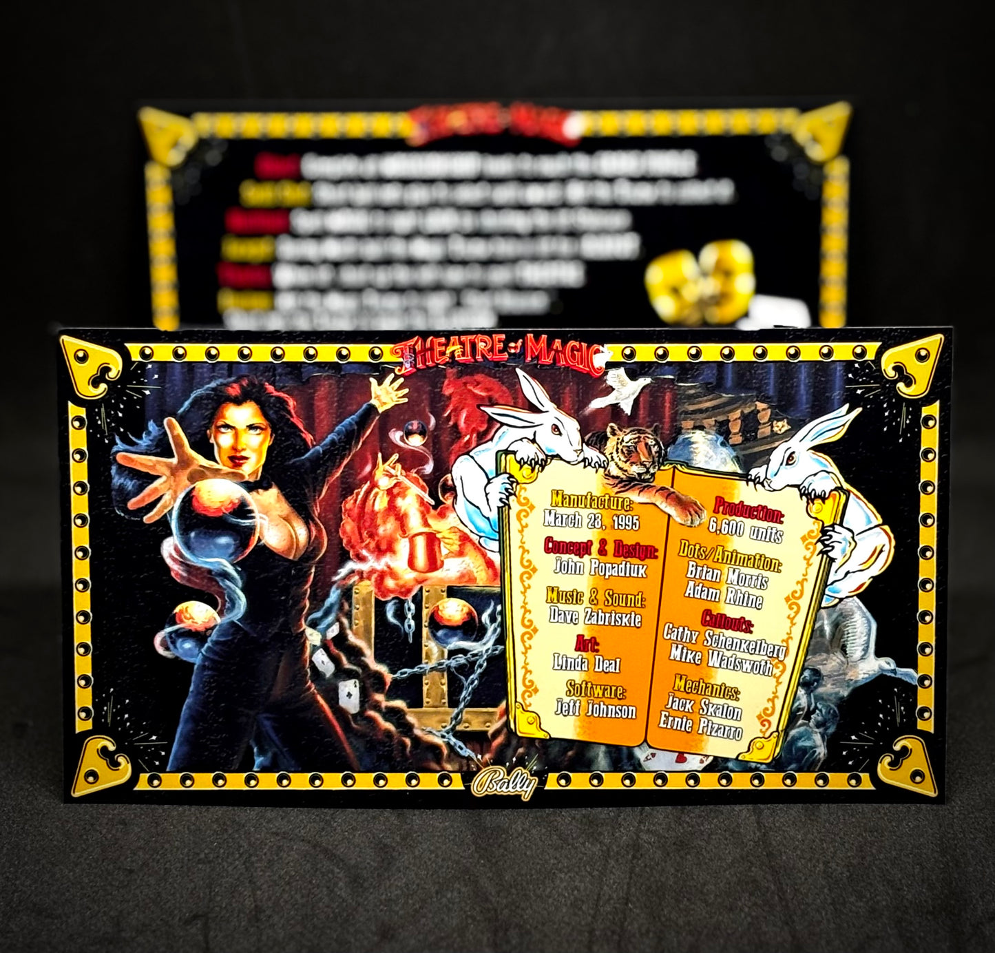 Instrucciones de las tarjetas del juego Bally Theatre of Magic de 1995, máquina de pinball, delantal personalizado, reglas impresas