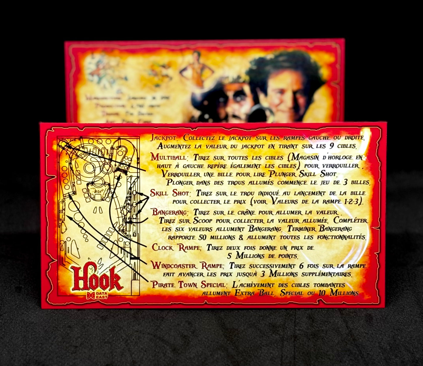 Instrucciones de las tarjetas del juego Data East Hook 1992, versión Pinball 2: tarjetas de pinball personalizadas con impresión personalizada.