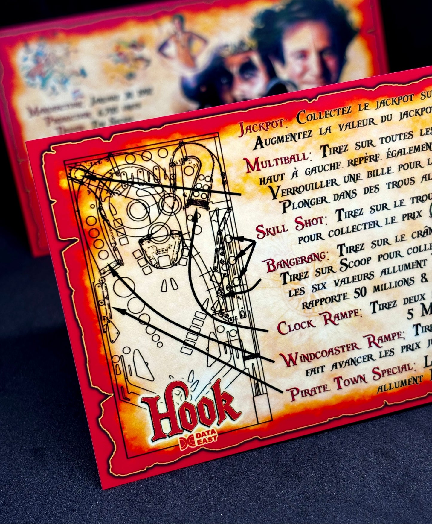 Instrucciones de las tarjetas del juego Data East Hook 1992, versión Pinball 2: tarjetas de pinball personalizadas con impresión personalizada.