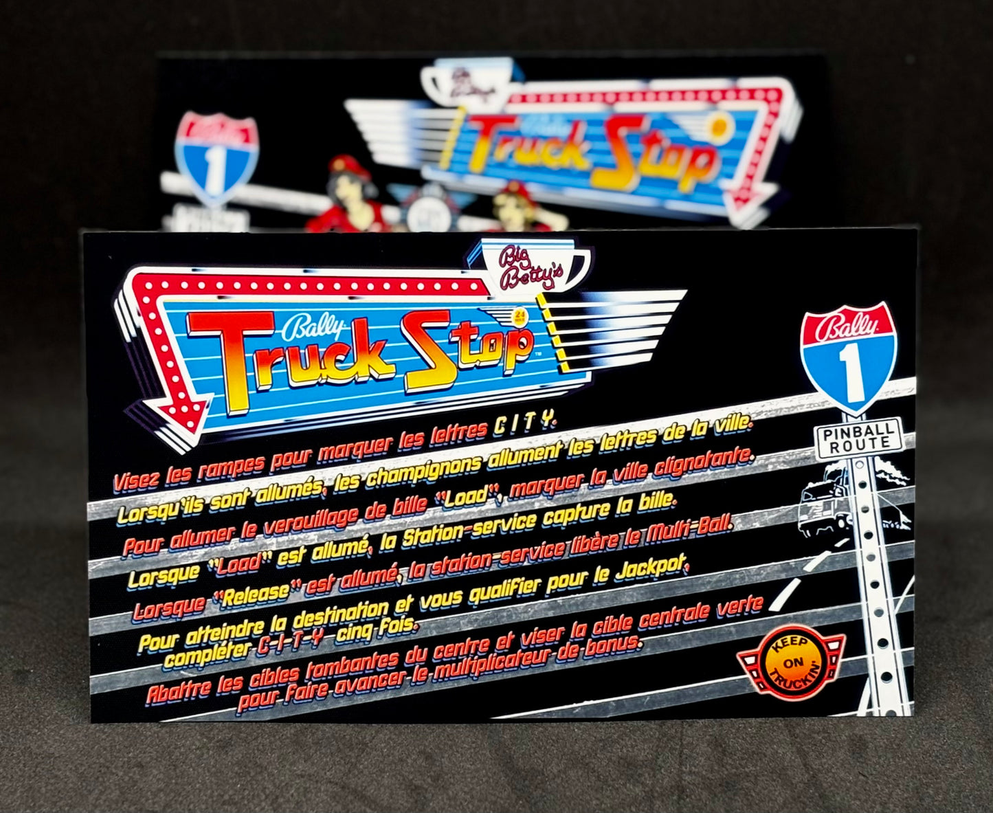 Instrucciones de las tarjetas del juego Bally Truck Stop 1988, delantal personalizado de pinball, reglas impresas