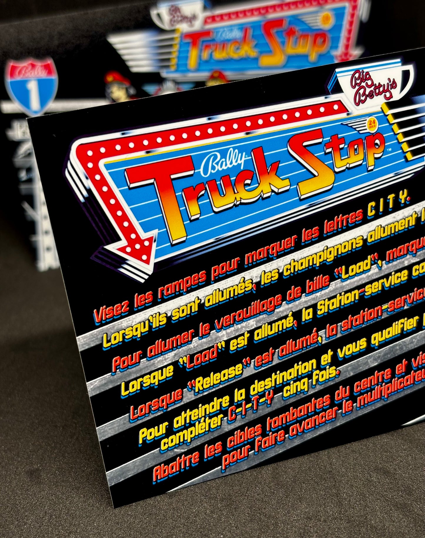 Instrucciones de las tarjetas del juego Bally Truck Stop 1988, delantal personalizado de pinball, reglas impresas