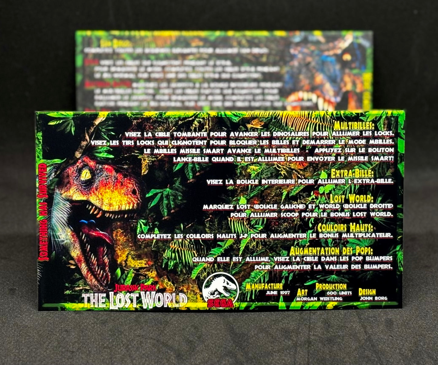 Instrucciones de las tarjetas del juego SEGA The Lost World Jurassic Park 1997, tarjetas de pinball personalizadas con impresión de pinball.