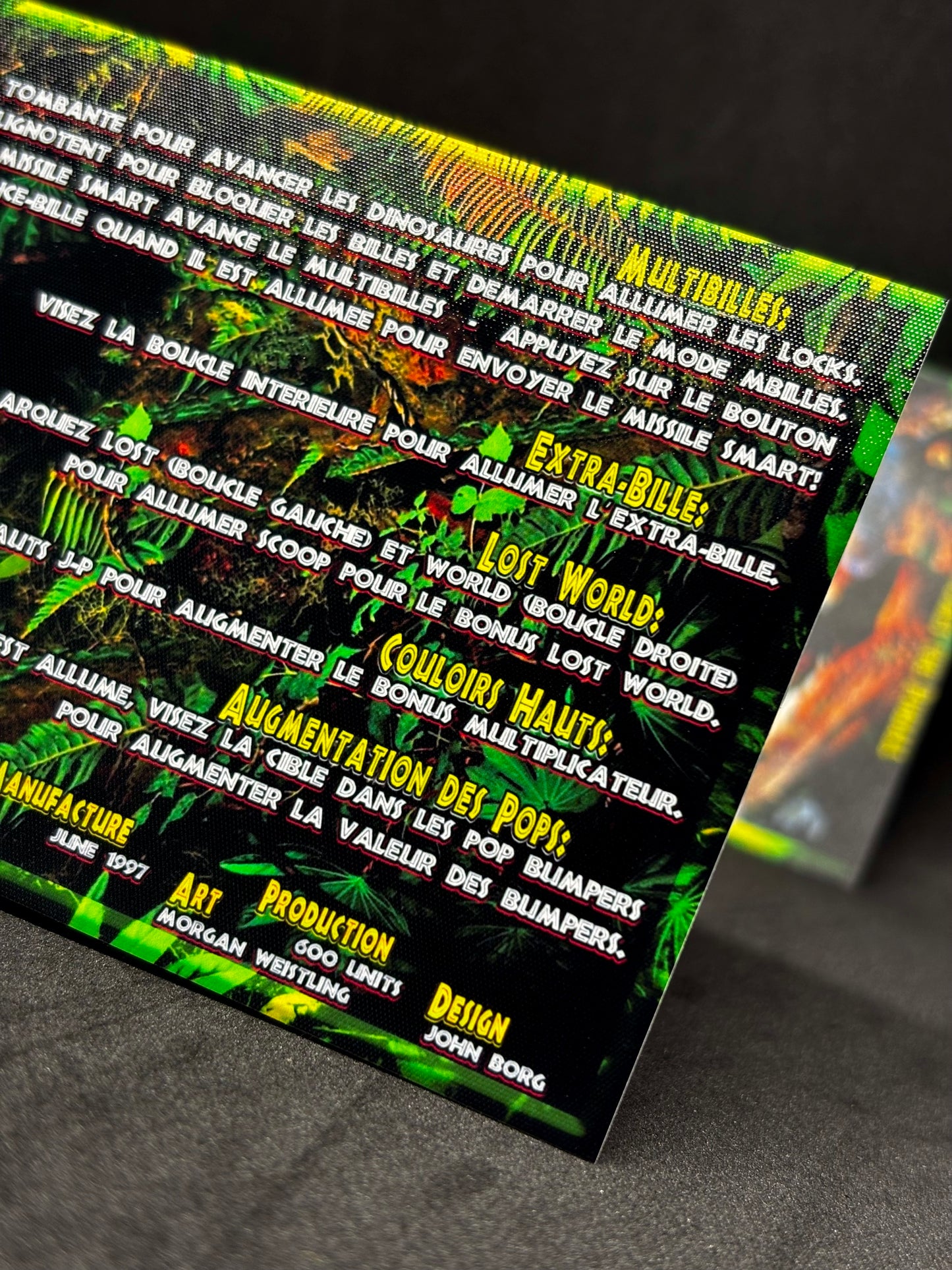 Instrucciones de las tarjetas del juego SEGA The Lost World Jurassic Park 1997, tarjetas de pinball personalizadas con impresión de pinball.