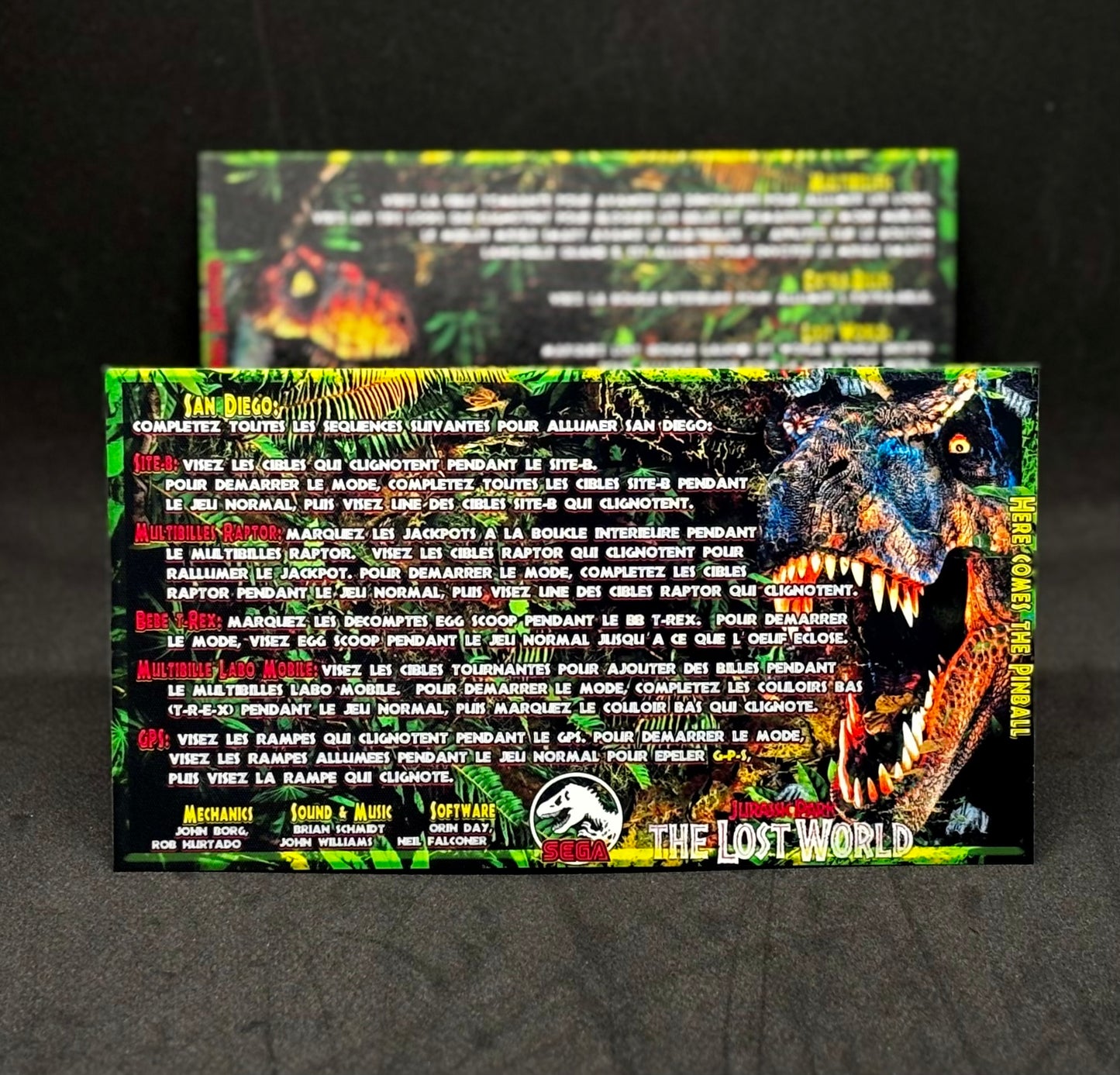 Instrucciones de las tarjetas del juego SEGA The Lost World Jurassic Park 1997, tarjetas de pinball personalizadas con impresión de pinball.