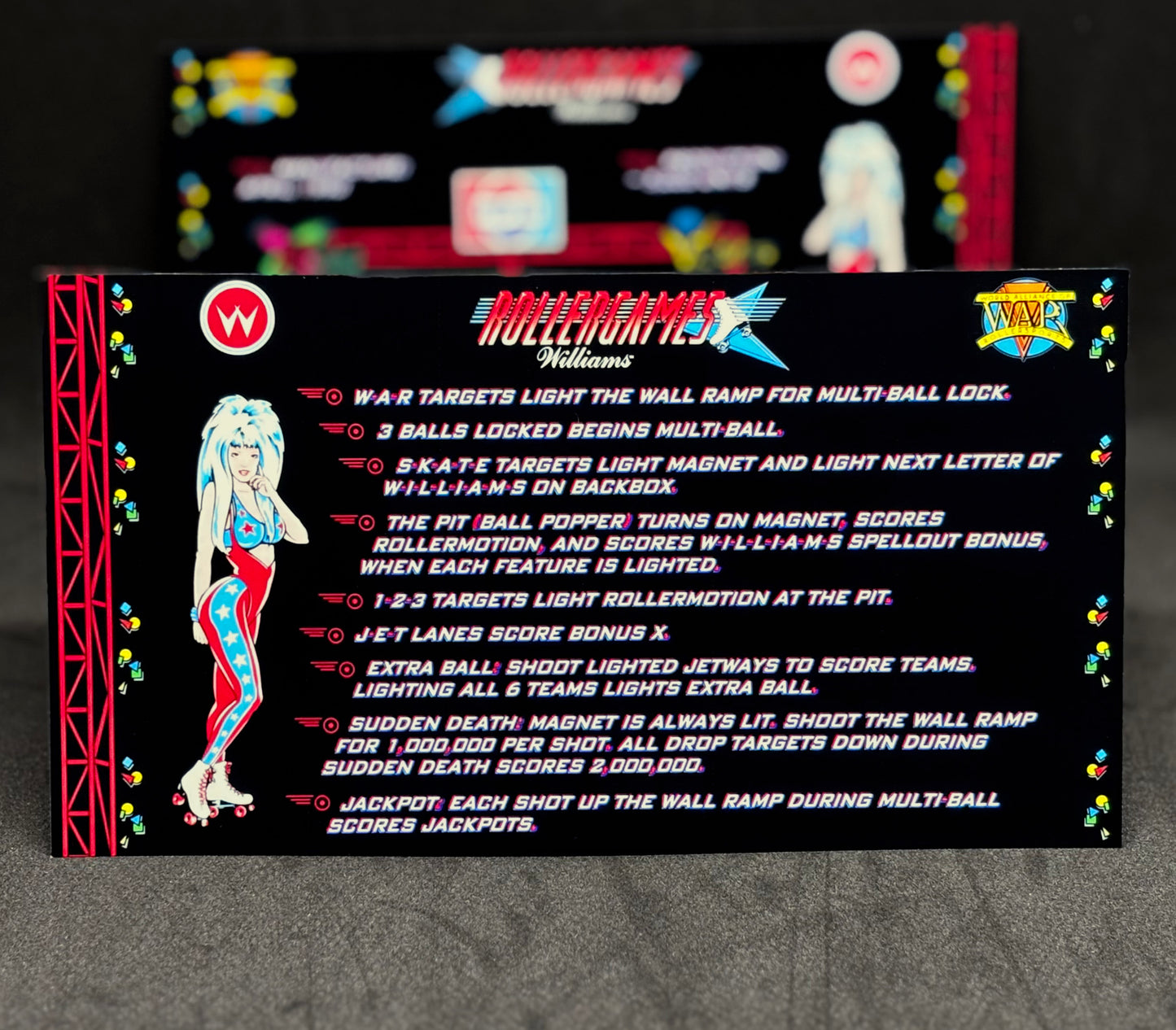 Williams Rollergames 1990 Jeu Cartes Instructions Flipper Custom Apron règles imprimées