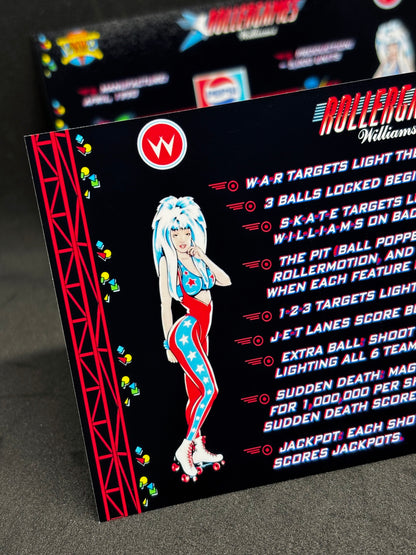 Instrucciones del juego de cartas Williams Rollergames 1990 Pinball Delantal personalizado con reglas impresas