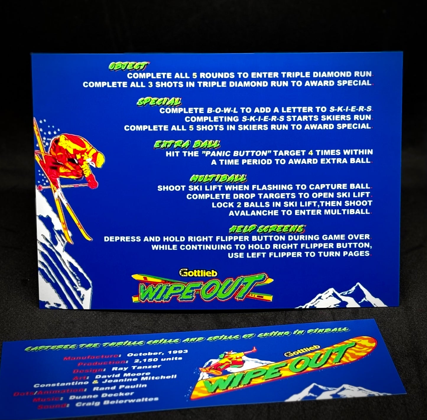 Instrucciones de las tarjetas del juego Gottlieb Wipe Out 1993, reglas impresas del delantal personalizado de pinball