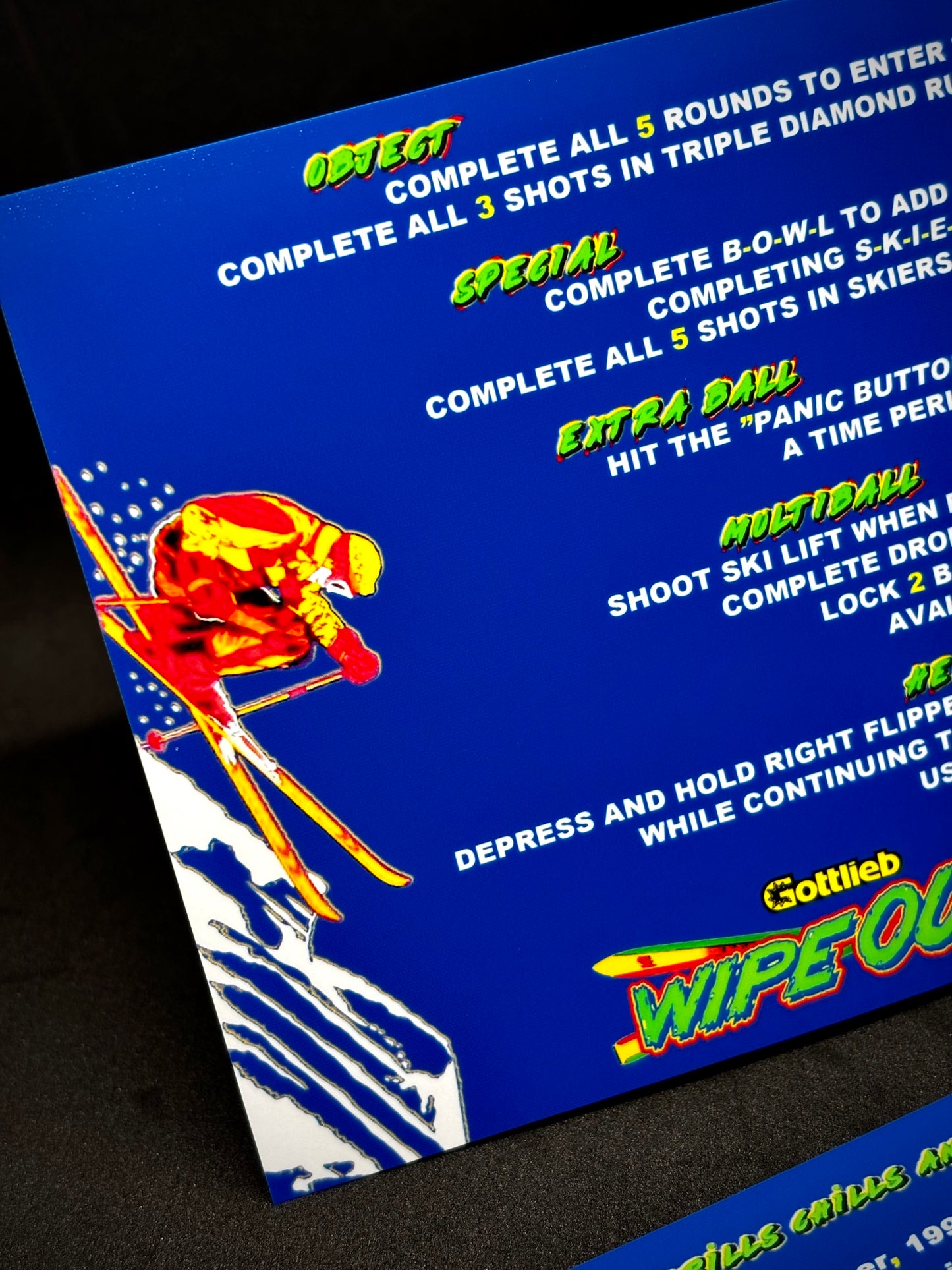 Instrucciones de las tarjetas del juego Gottlieb Wipe Out 1993, reglas impresas del delantal personalizado de pinball