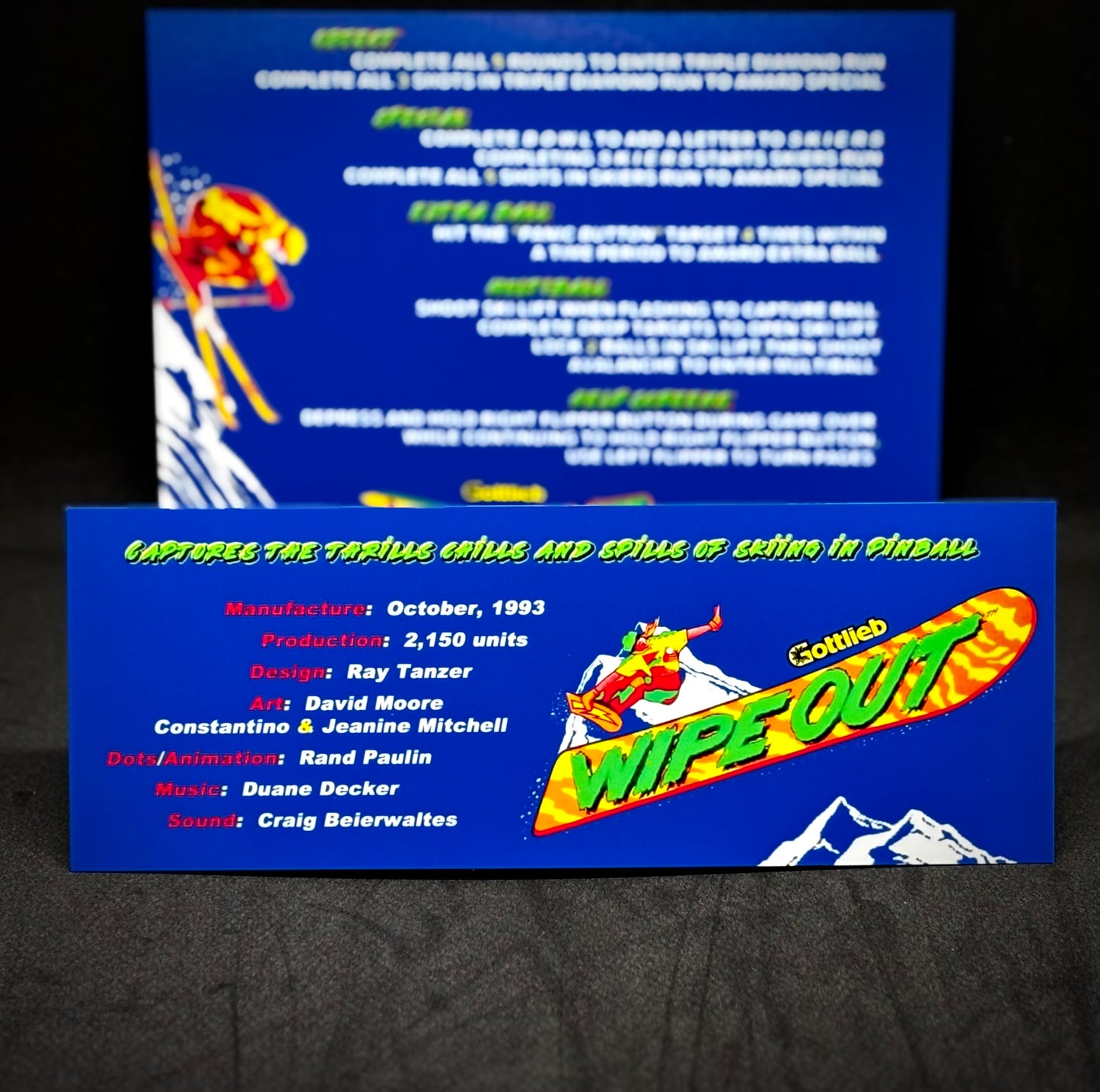 Instrucciones de las tarjetas del juego Gottlieb Wipe Out 1993, reglas impresas del delantal personalizado de pinball