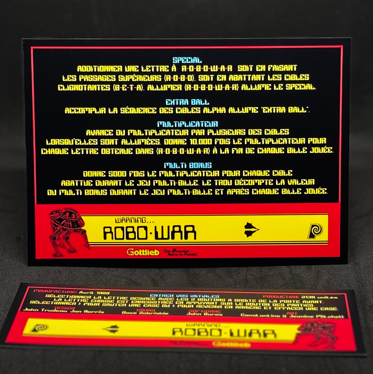 Gottlieb Robo-war 1988 Game Cards Instructions Flipper Custom Apron printed rules Robowar