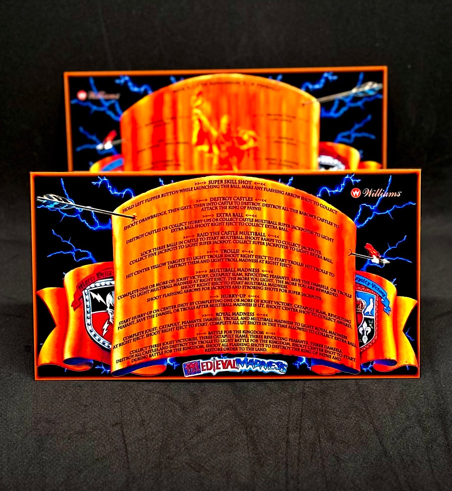 Instrucciones de las tarjetas del juego Williams Medieval Madness 1997, delantal personalizado de pinball, reglas impresas V1