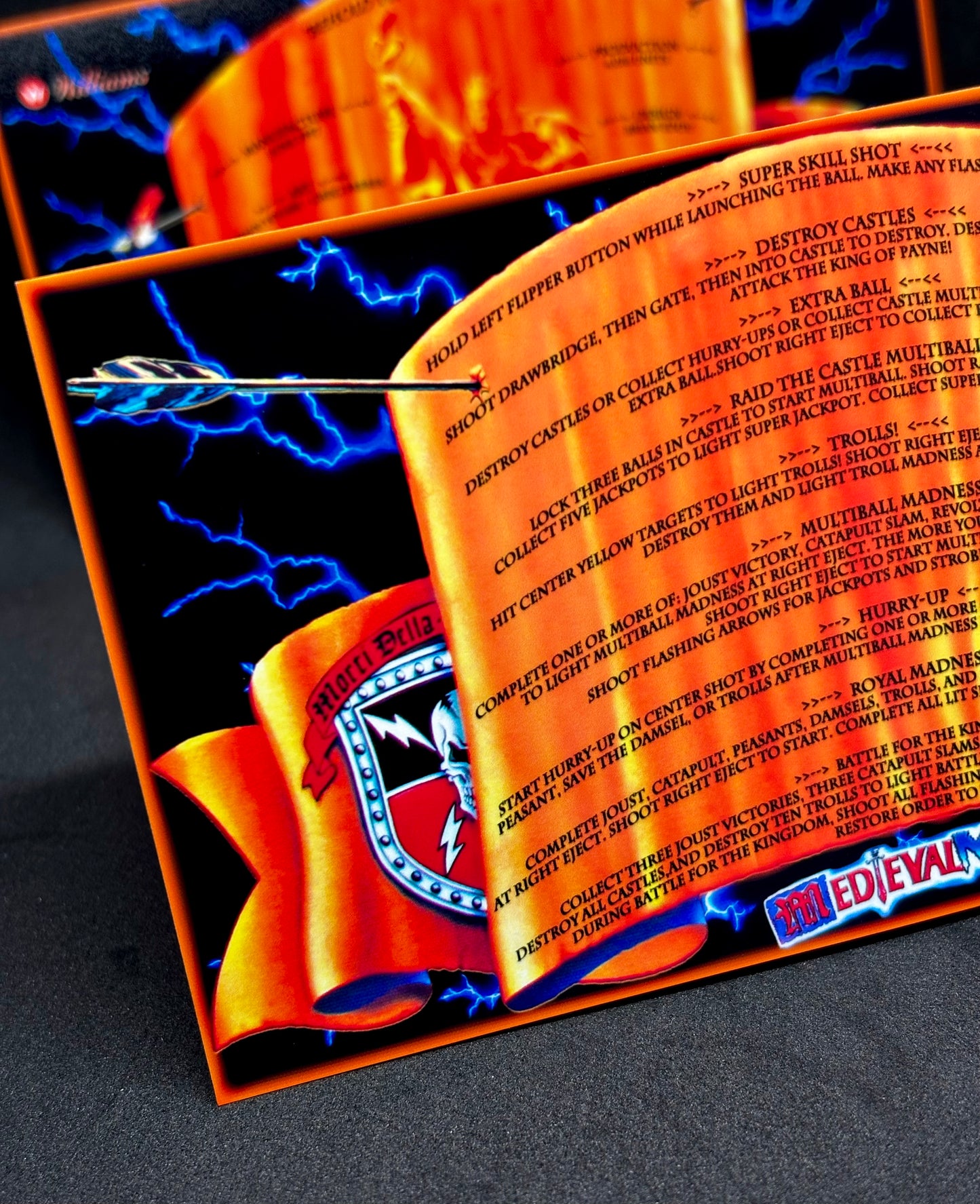 Instrucciones de las tarjetas del juego Williams Medieval Madness 1997, delantal personalizado de pinball, reglas impresas V1