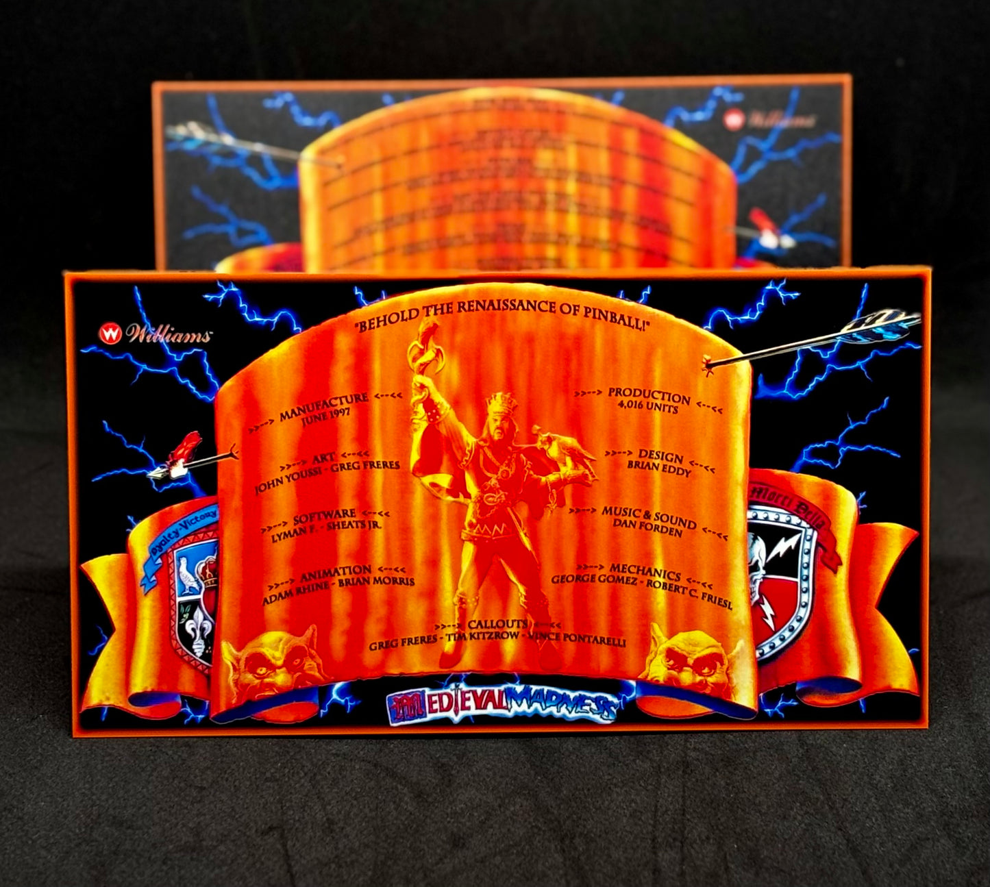 Instrucciones de las tarjetas del juego Williams Medieval Madness 1997, delantal personalizado de pinball, reglas impresas V1