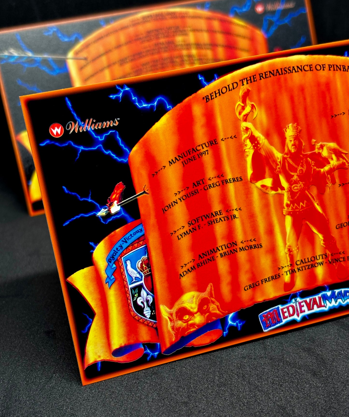Instrucciones de las tarjetas del juego Williams Medieval Madness 1997, delantal personalizado de pinball, reglas impresas V1