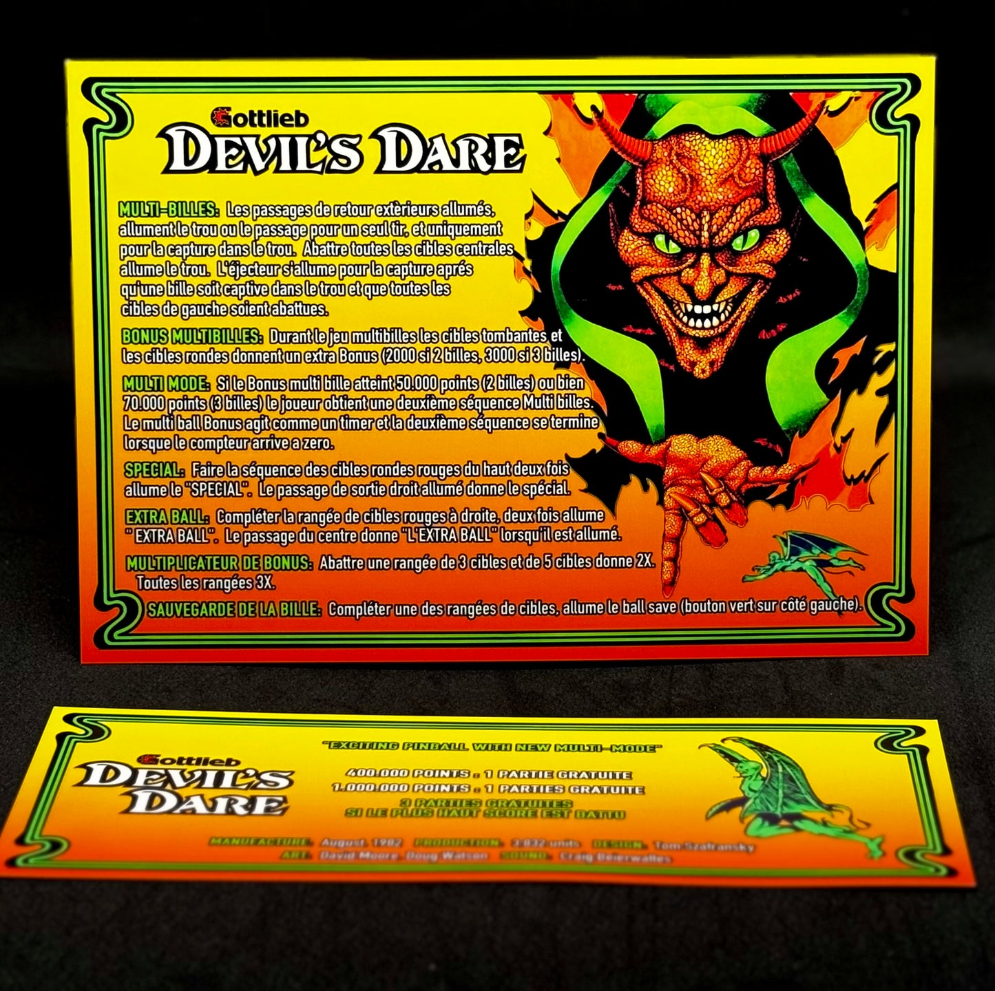 Instrucciones de las tarjetas del juego Gottlieb Devil's Dare 1982, versión 1 de pinball, tarjetas de delantal de pinball con impresión personalizada
