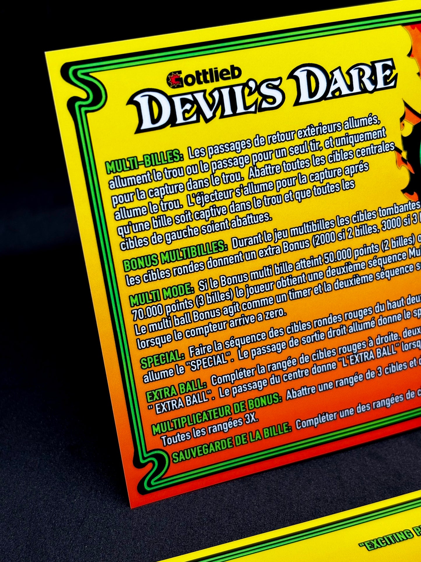 Instrucciones de las tarjetas del juego Gottlieb Devil's Dare 1982, versión 1 de pinball, tarjetas de delantal de pinball con impresión personalizada