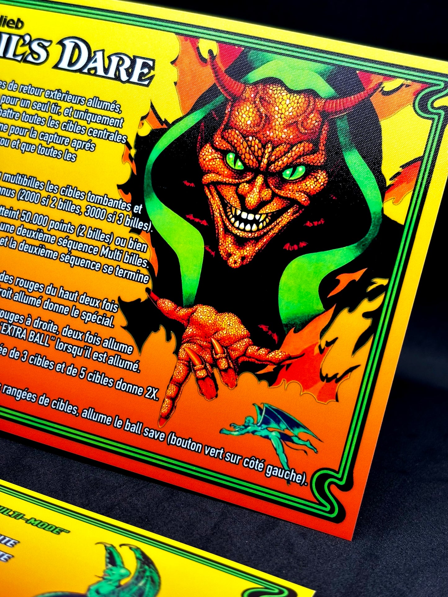 Instrucciones de las tarjetas del juego Gottlieb Devil's Dare 1982, versión 1 de pinball, tarjetas de delantal de pinball con impresión personalizada