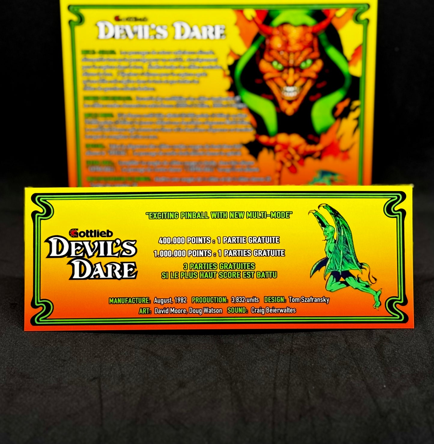 Instrucciones de las tarjetas del juego Gottlieb Devil's Dare 1982, versión 1 de pinball, tarjetas de delantal de pinball con impresión personalizada