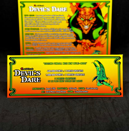 Gottlieb Devil's Dare 1982 Jeu Cartes Instructions Flipper Custom Apron règles imprimées V1