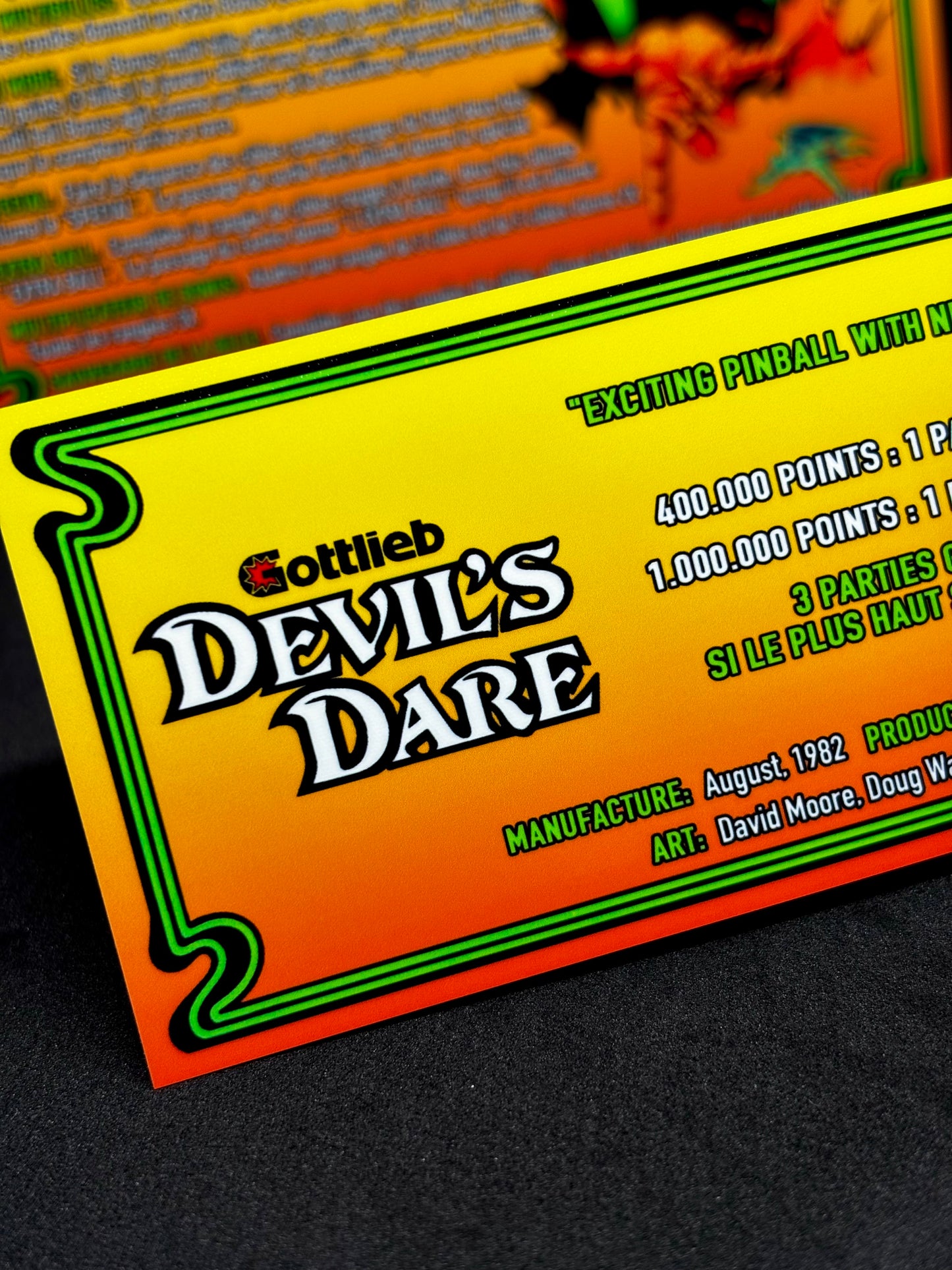 Instrucciones de las tarjetas del juego Gottlieb Devil's Dare 1982, versión 1 de pinball, tarjetas de delantal de pinball con impresión personalizada