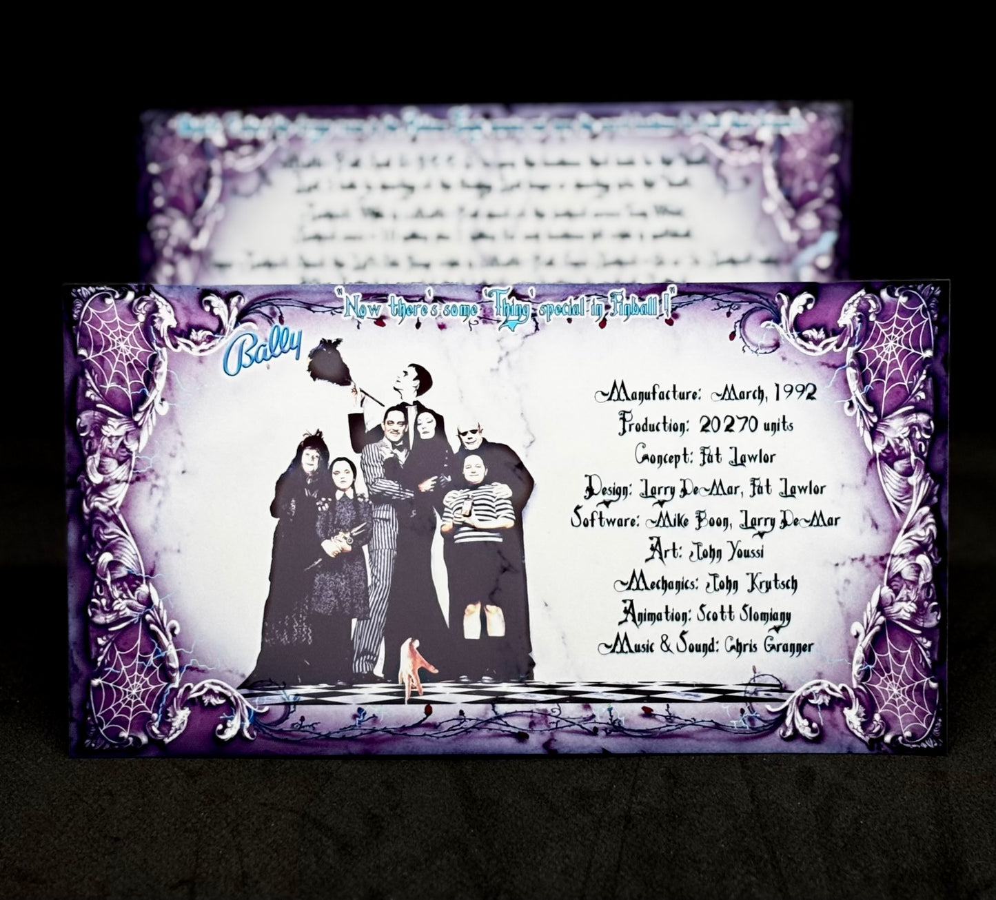 Instrucciones de las tarjetas del juego Bally The Addams Family 1992, máquina de pinball, delantal personalizado, reglas impresas V1
