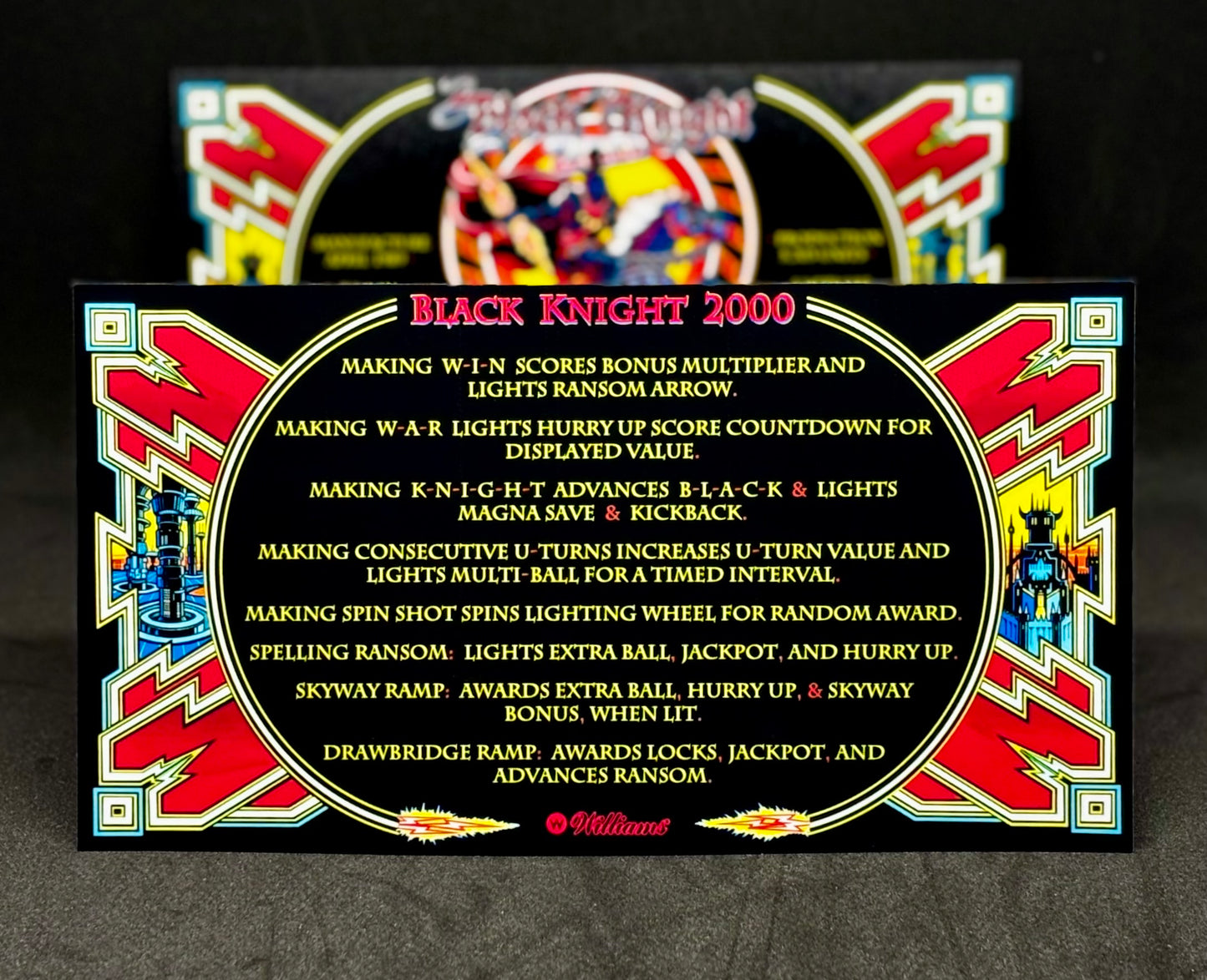 Williams Black Knight 2000 1989 Jeu Cartes Instructions Flipper Custom Apron règles imprimées