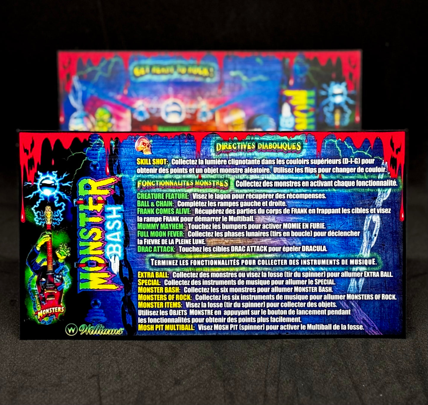 Instrucciones de las tarjetas del juego Williams Monster Bash 1998, delantal personalizado de pinball, reglas impresas V3