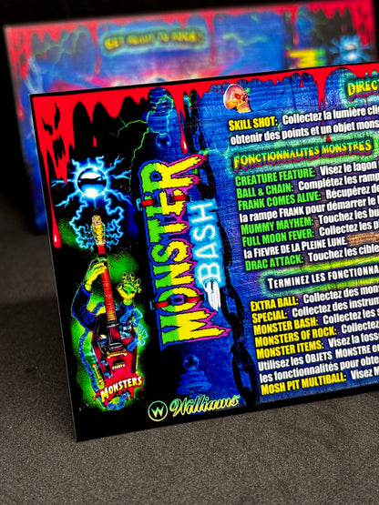 Williams Monster Bash 1998 Game Cards Instructions Pinball Custom Apron Printed Rules V3