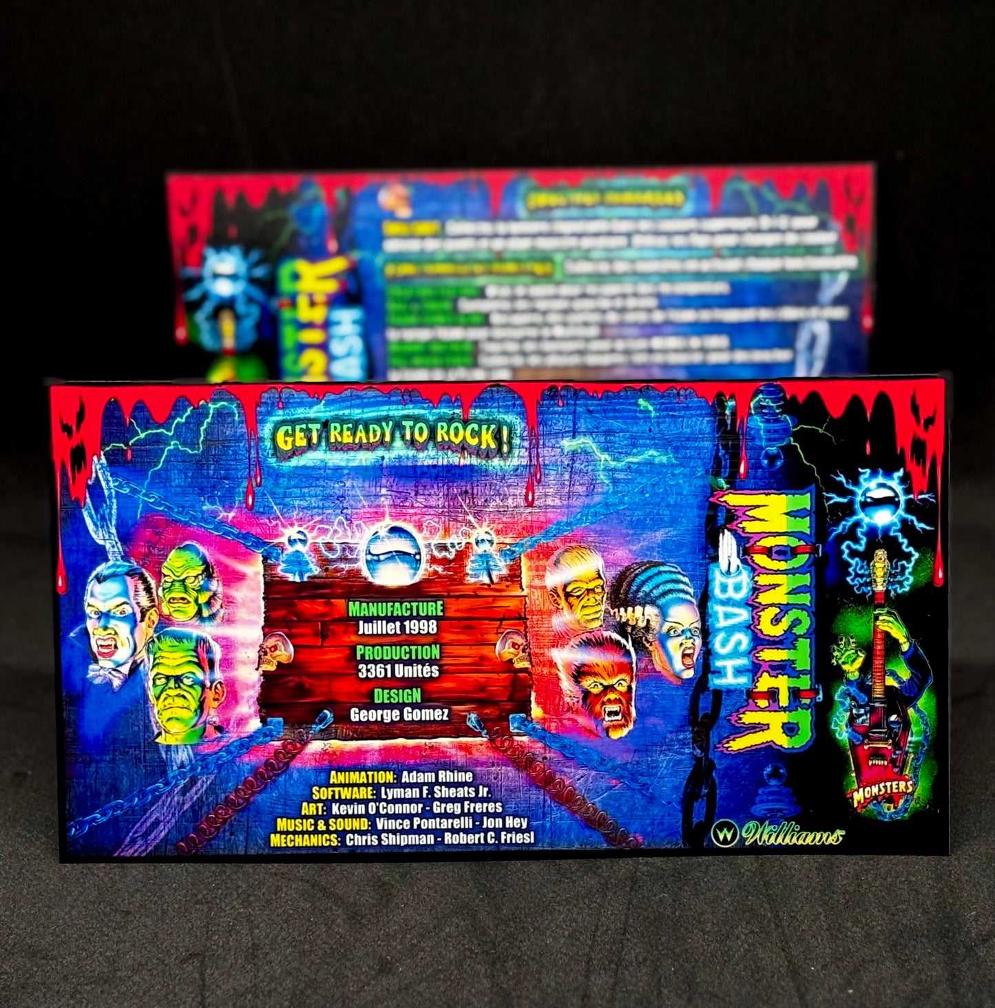 Instrucciones de las tarjetas del juego Williams Monster Bash 1998, delantal personalizado de pinball, reglas impresas V3