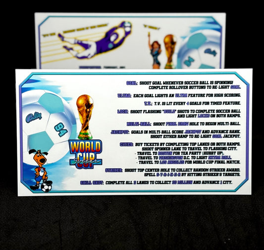 Instrucciones de las tarjetas del juego Bally World Cup Soccer USA 1994 WH, delantal personalizado de pinball con reglas impresas
