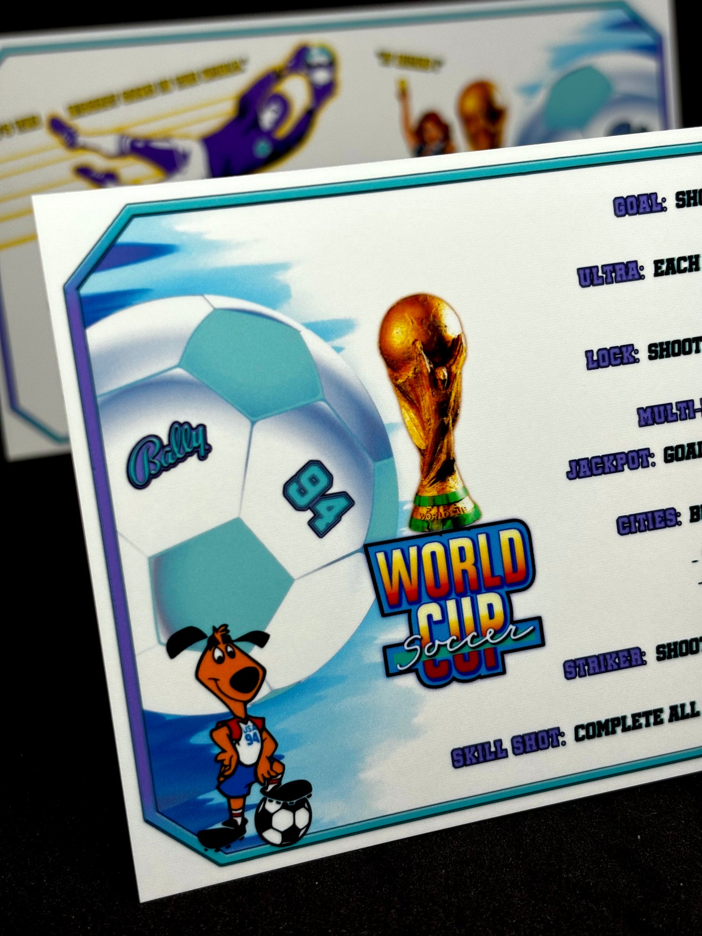 Bally World Cup Soccer USA 1994 WH Jeu Cartes règles Instructions Flipper Custom Apron