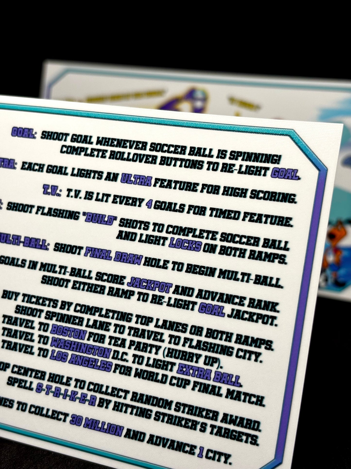 Bally World Cup Soccer USA 1994 WH Jeu Cartes règles Instructions Flipper Custom Apron