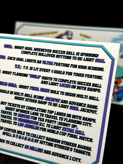 Bally World Cup Soccer USA 1994 WH Jeu Cartes règles Instructions Flipper Custom Apron