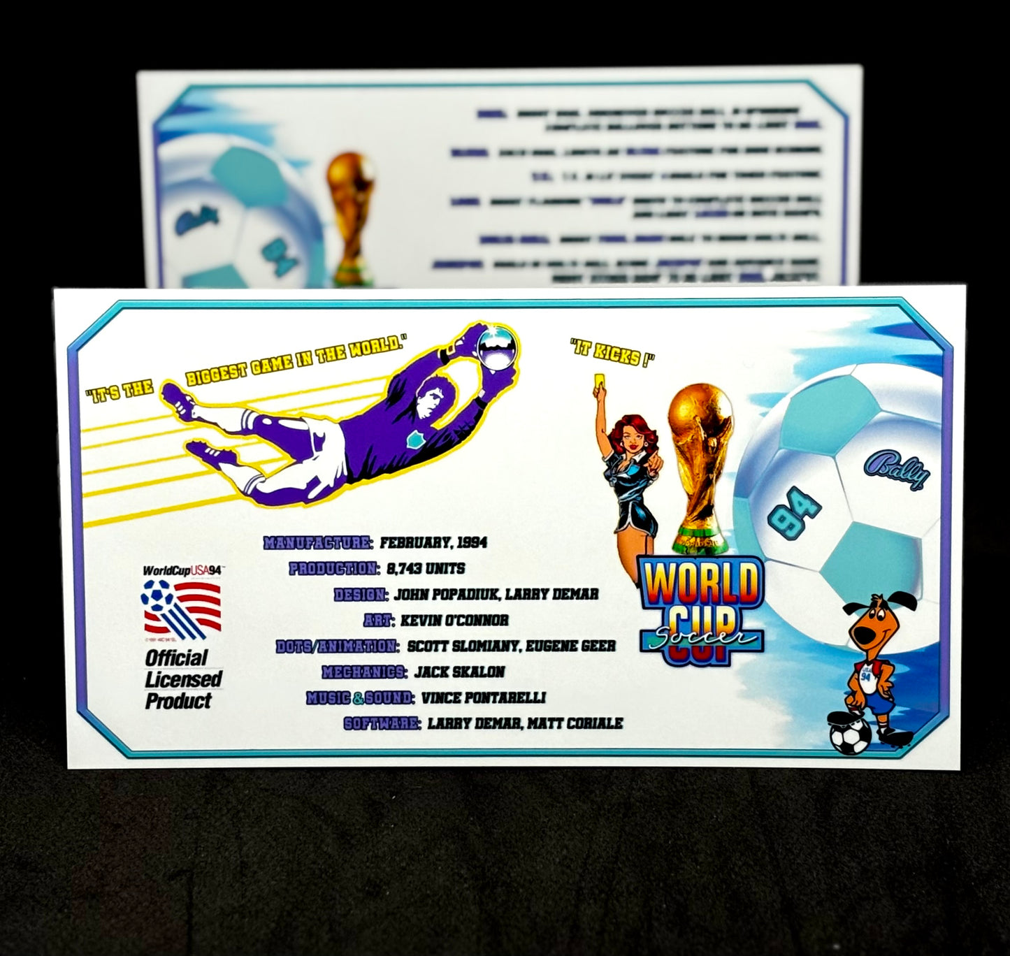 Bally World Cup Soccer USA 1994 WH Jeu Cartes règles Instructions Flipper Custom Apron