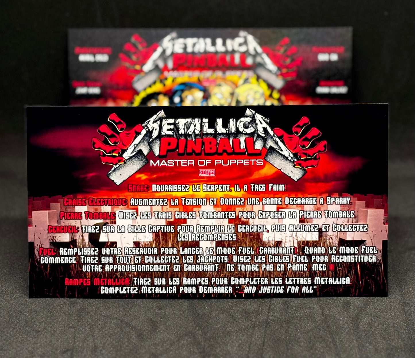 Instrucciones de las tarjetas de juego Stern Metallica Master of Puppets 2013 para pinball: Delantal de pinball con impresión personalizada