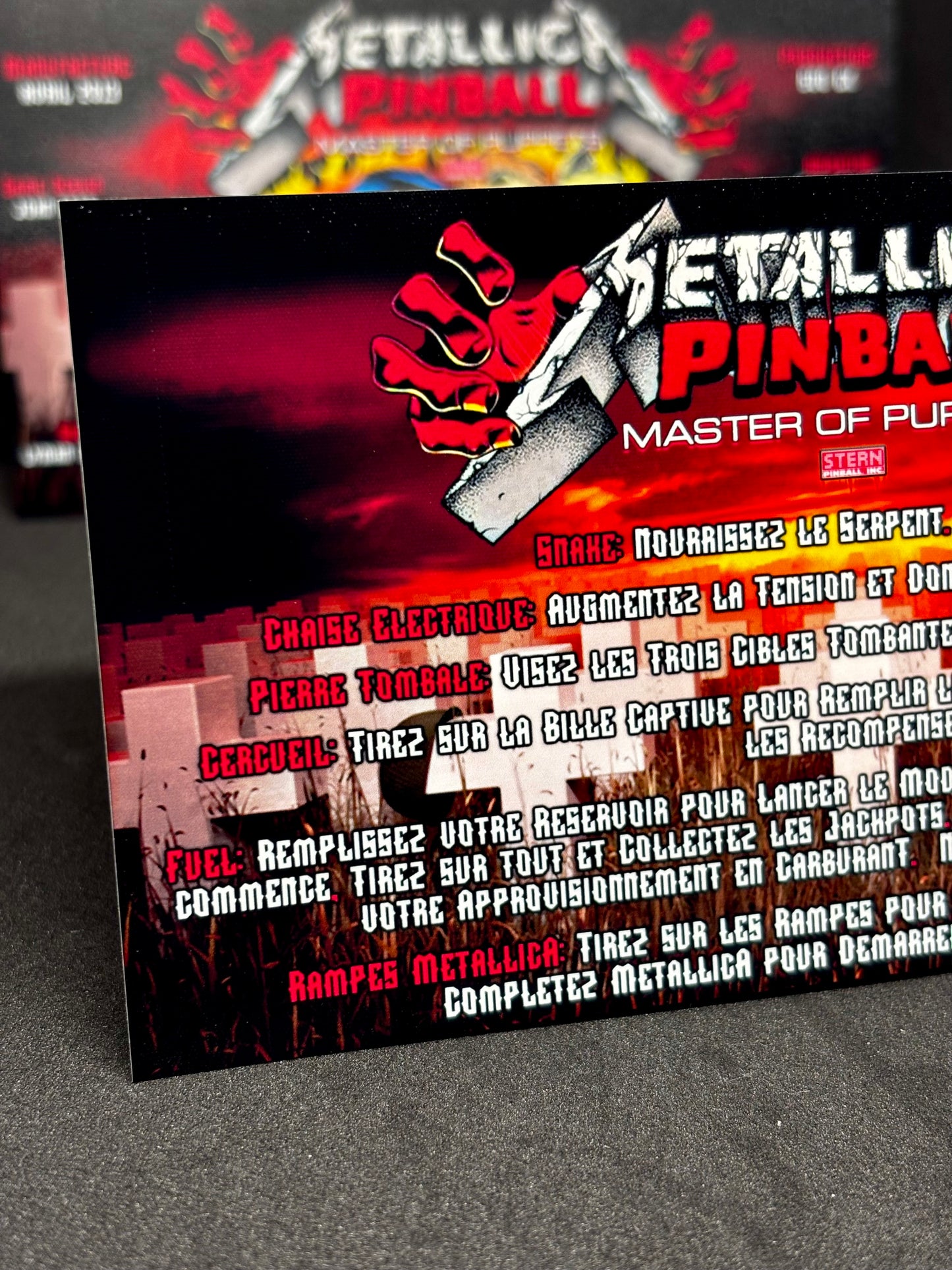 Instrucciones de las tarjetas de juego Stern Metallica Master of Puppets 2013 para pinball: Delantal de pinball con impresión personalizada