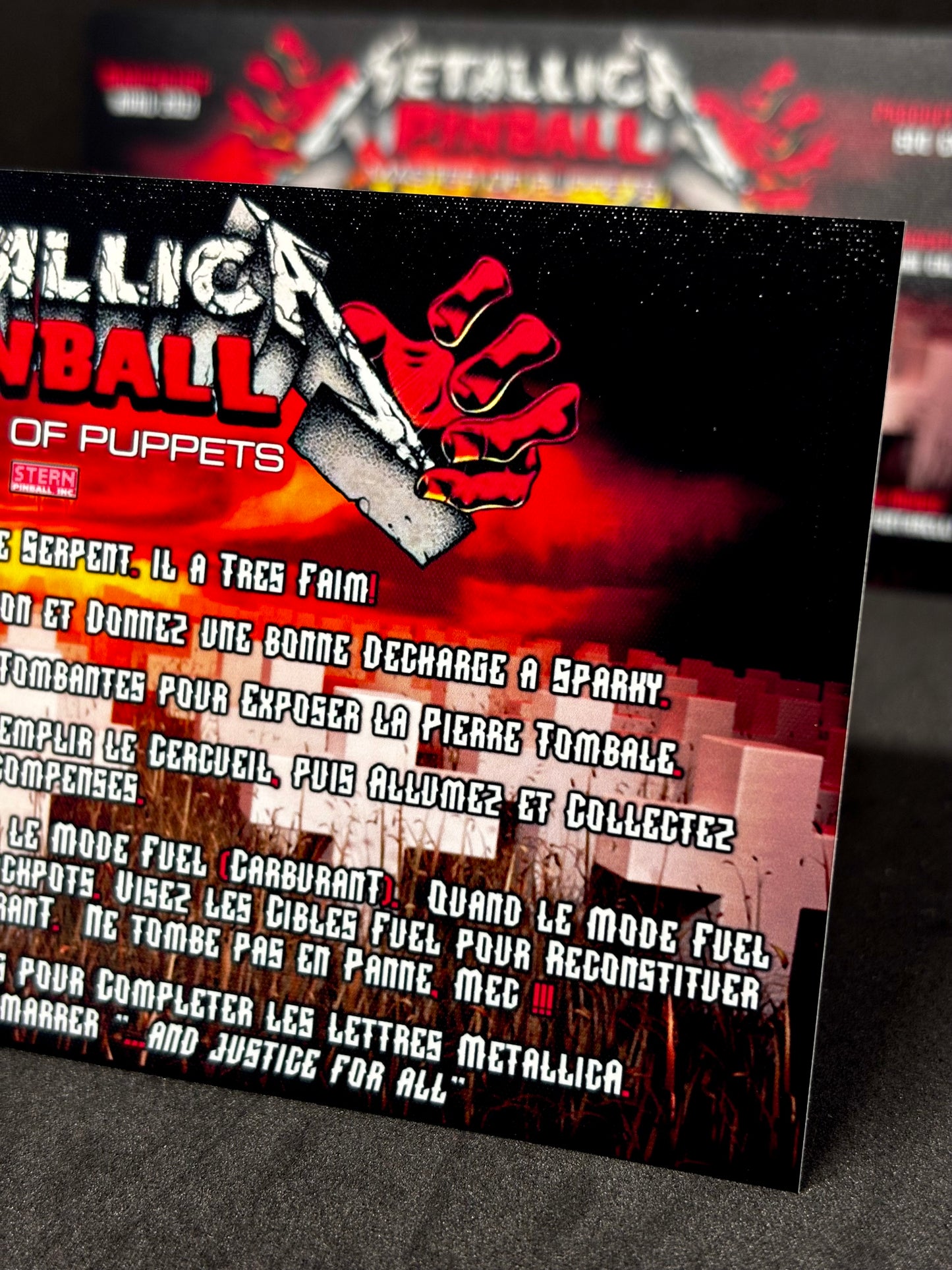 Instrucciones de las tarjetas de juego Stern Metallica Master of Puppets 2013 para pinball: Delantal de pinball con impresión personalizada