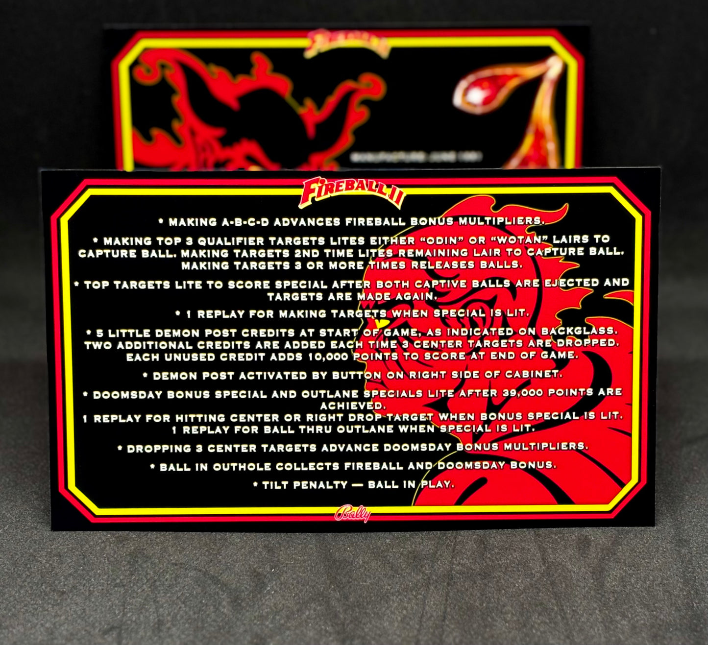 Bally Fireball II 1981 Jeu Cartes Instructions Flipper Custom Apron règles imprimées