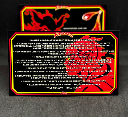 Bally Fireball II 1981 Game Cards Instructions Pinball Custom Apron Printed Rules