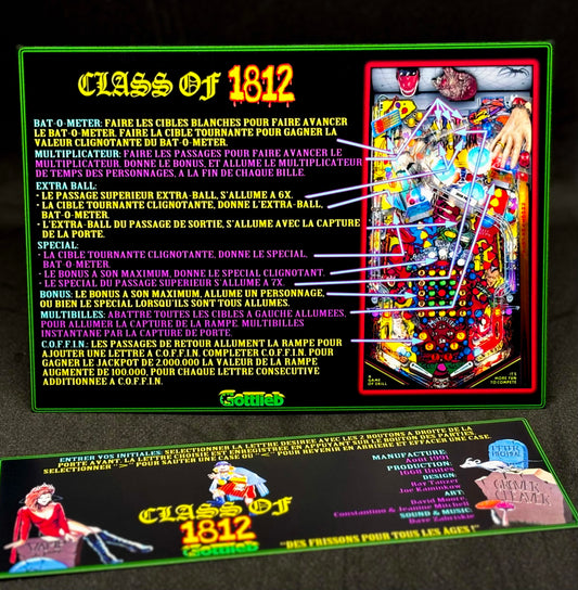 Tarjetas de juego Gottlieb 1991 CLASE DE 1812 Instrucciones Flipper Delantal personalizado reglas impresas