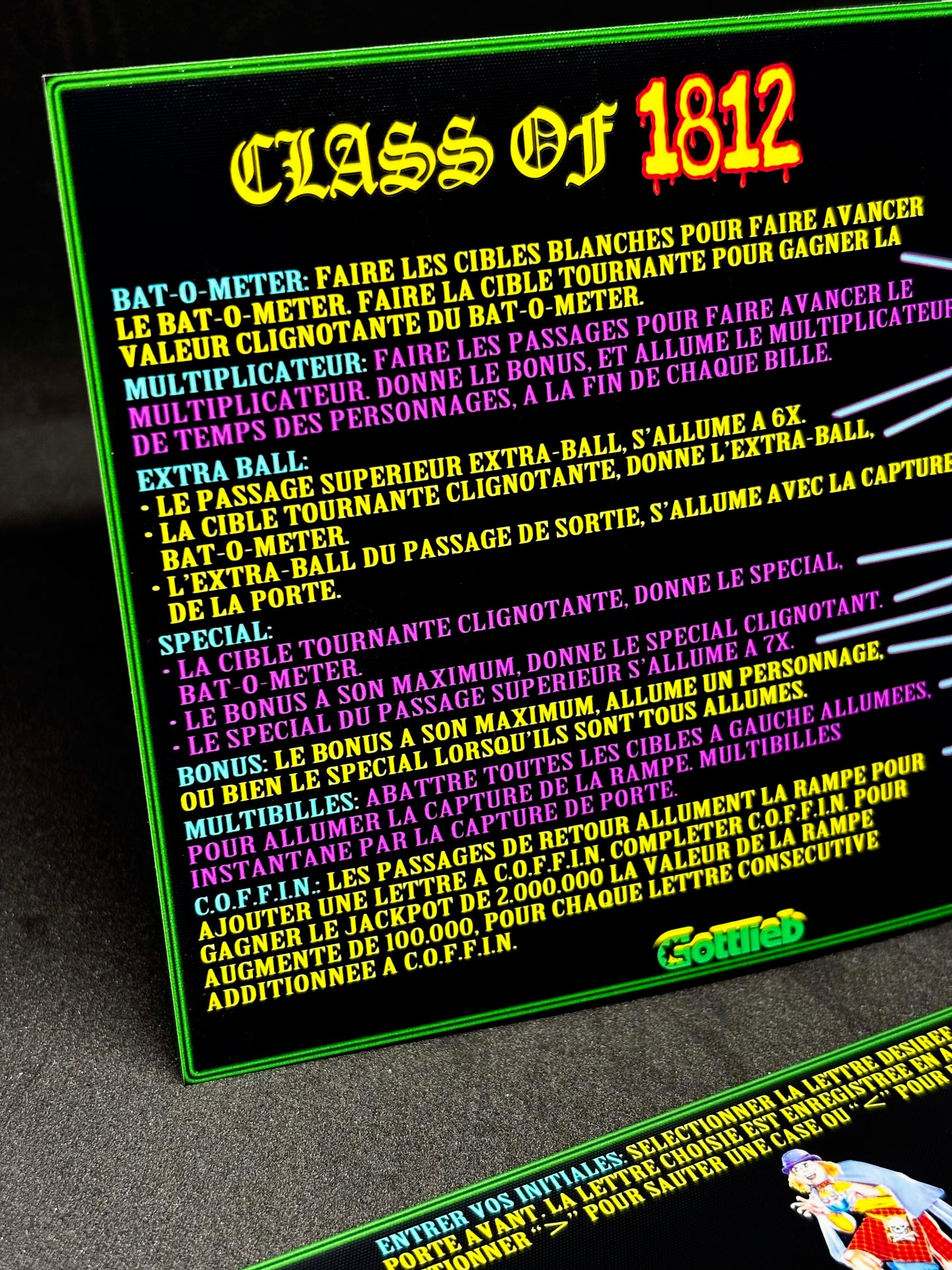 Tarjetas de juego Gottlieb 1991 CLASE DE 1812 Instrucciones Flipper Delantal personalizado reglas impresas