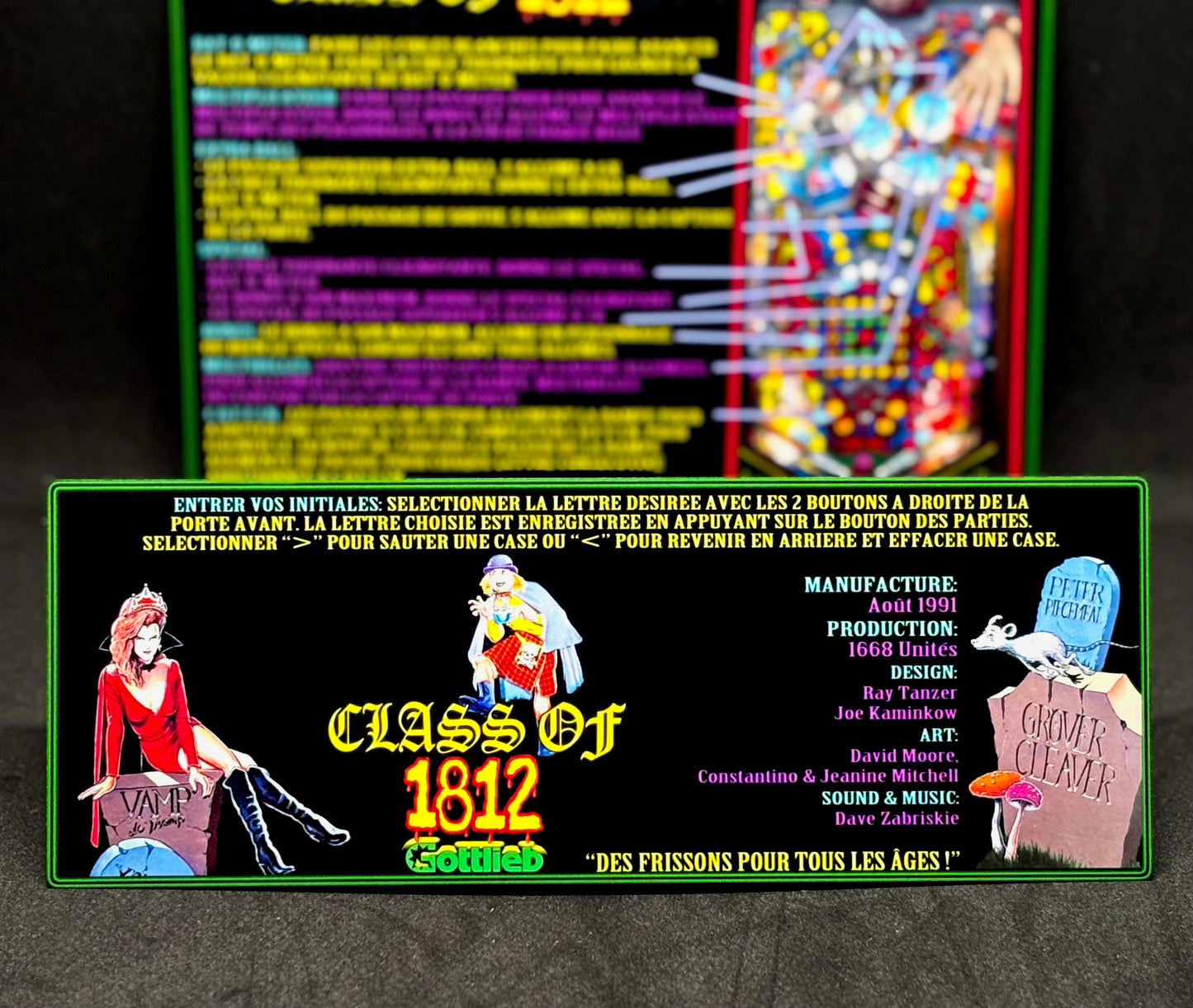 Tarjetas de juego Gottlieb 1991 CLASE DE 1812 Instrucciones Flipper Delantal personalizado reglas impresas