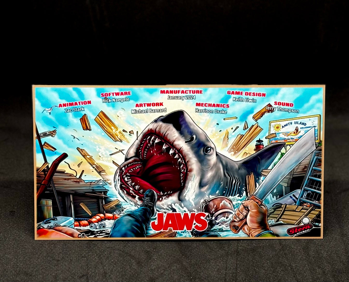 Tarjeta de pinball Stern JAWS 2024 Insider: Tarjeta de pinball personalizada con impresión de delantal