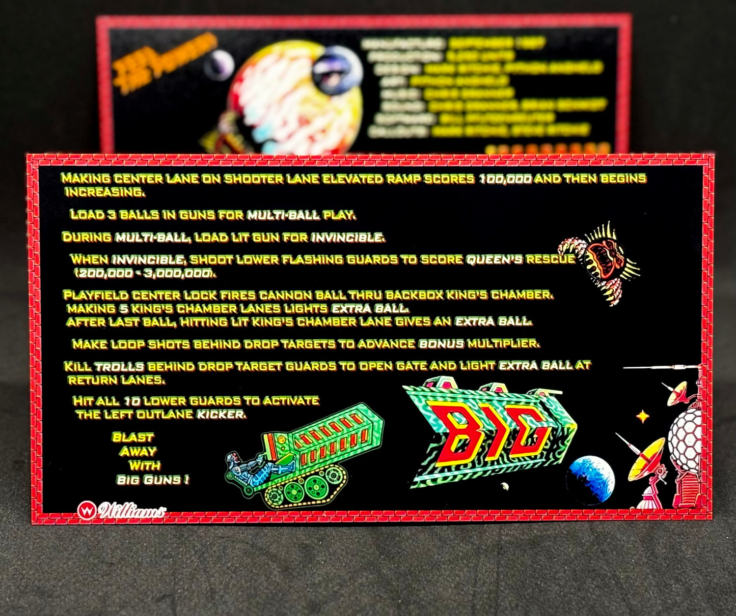 Instrucciones de las tarjetas de juego Williams Big Guns 1987, delantal personalizado de pinball, reglas impresas