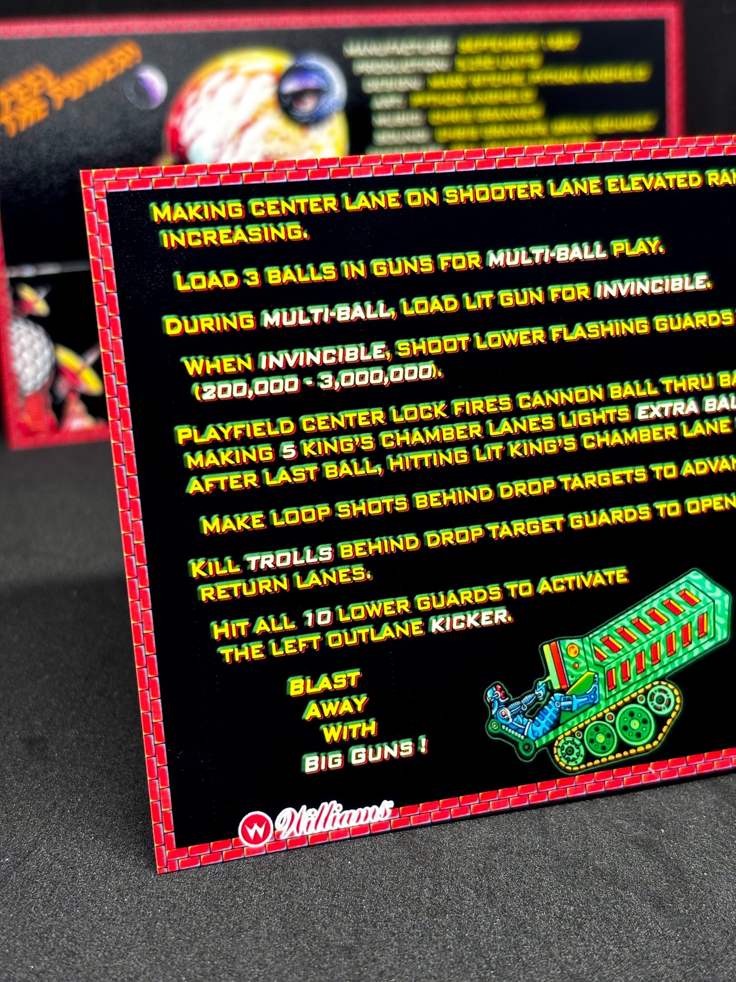 Instrucciones de las tarjetas de juego Williams Big Guns 1987, delantal personalizado de pinball, reglas impresas