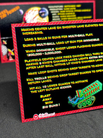 Instrucciones de las tarjetas de juego Williams Big Guns 1987, delantal personalizado de pinball, reglas impresas