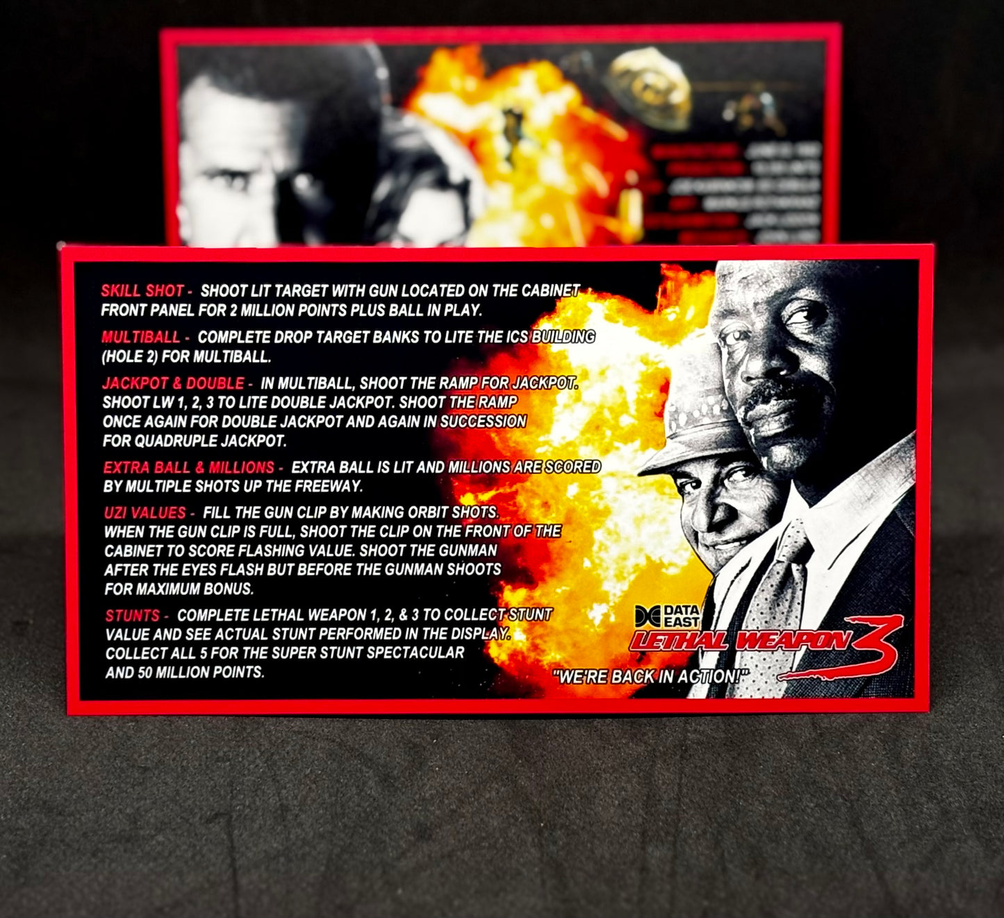 Data East Lethal Weapon 1992 Jeu Cartes Instructions Flipper Custom Apron règles imprimées V2