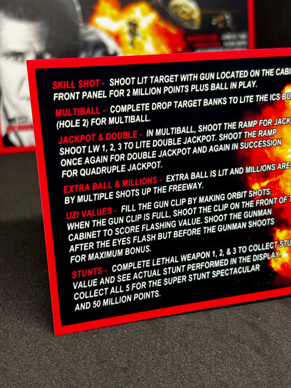 Data East Lethal Weapon 1992 Game Cards Instructions Pinball Custom Apron Printed Rules V2
