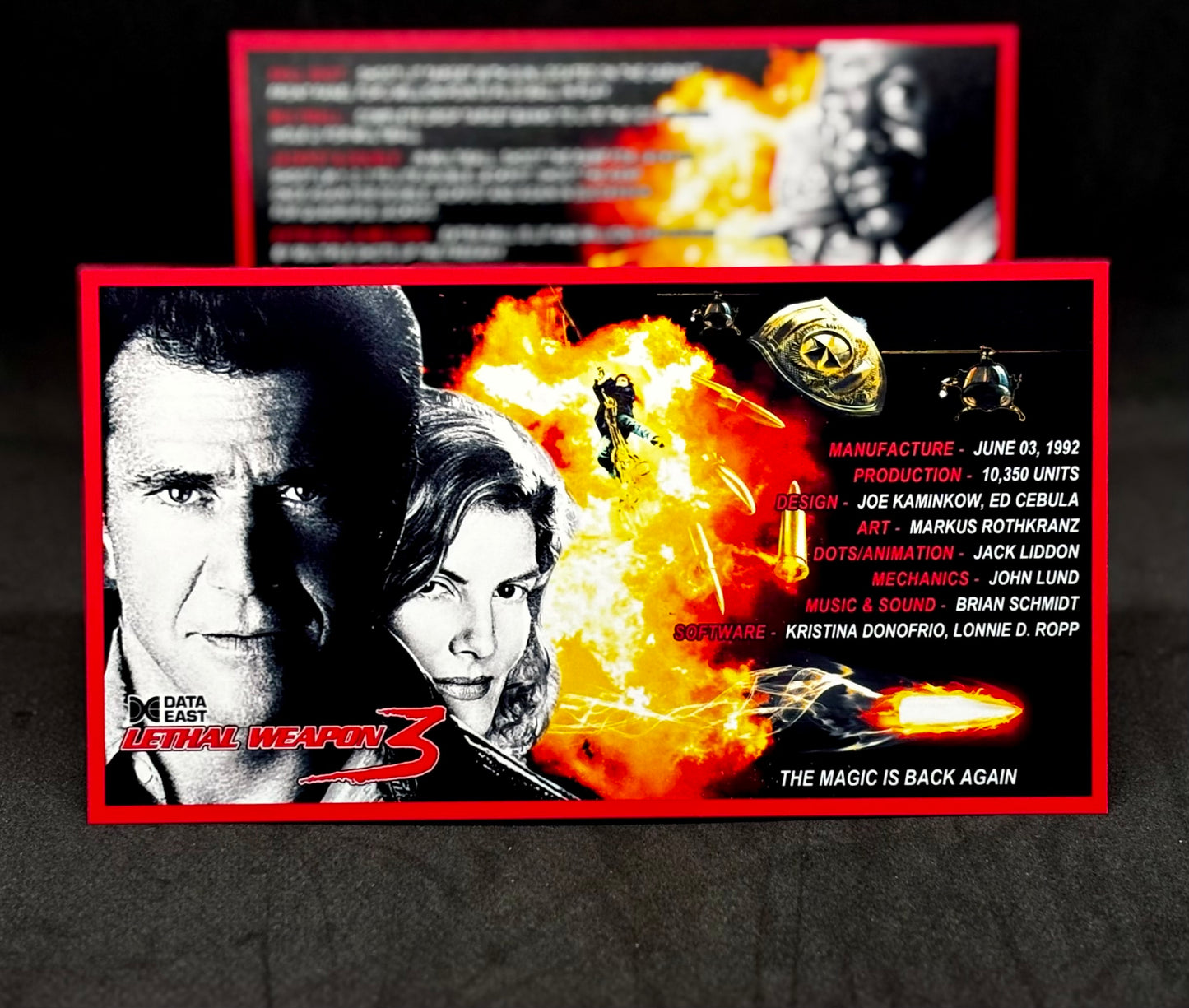 Data East Lethal Weapon 1992 Jeu Cartes Instructions Flipper Custom Apron règles imprimées V2